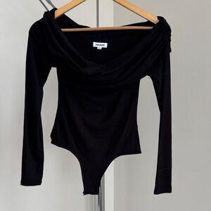 Steve Madden Black Off-Shoulder Long Sleeve Bodysuit with Draped Neckline